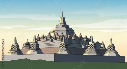 Borobudur Temple Illustration - A Detailed Architectural Rendering.