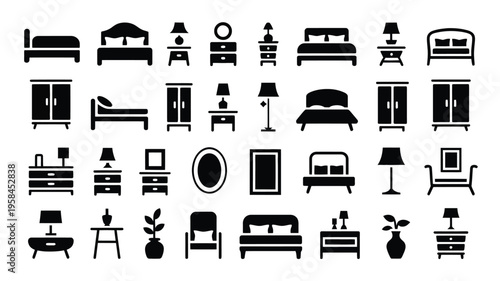 Collection of black furniture icons including beds sofas lamps and cabinets on white background for design and decoration