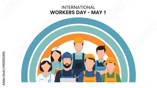 International Workers Day Celebration: A diverse group of essential workers stand united under a symbolic rainbow, celebrating their dedication and contributions on International Workers' Day.