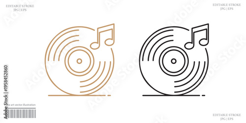 Vinyl Record Music Icon Set Outline Orange Black Vector Illustration