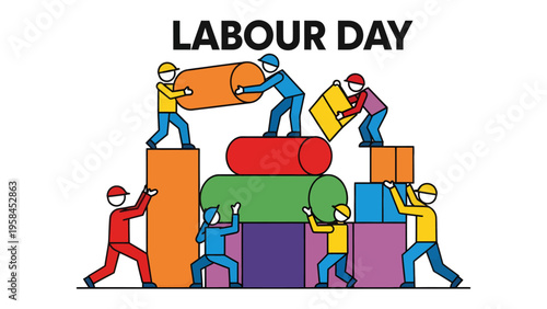 Labor Day Construction: A colorful illustration of dedicated laborers collaborating to build a structure, symbolizing the essence of Labor Day and the importance of teamwork.