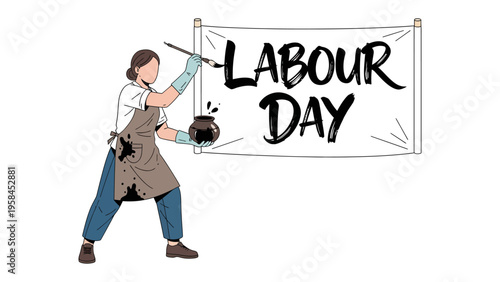 Labour Day Artistic Concept: An artist, with brush and ink, paints the banner of Labour Day, highlighting creativity, and artistry in celebration of workers' contributions.