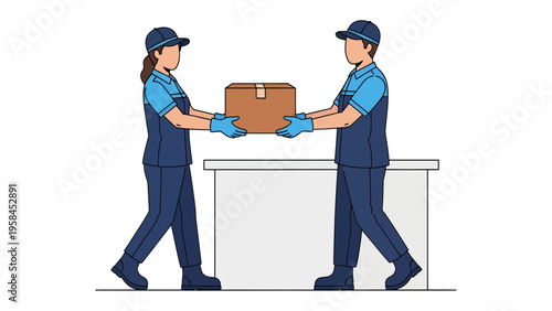 Delivery Team at Work: Two delivery personnel working harmoniously to transport a cardboard box, showcasing teamwork and service in an illustration setting.