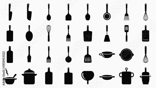 Kitchen utensils and cookware icons set in black silhouettes on white background for cooking and baking