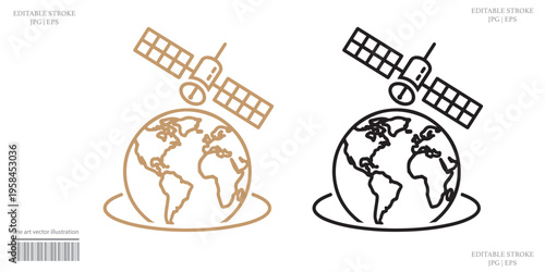 Satellite Globe Icon Set Vector Illustration Line Art Black Orange Color Variant