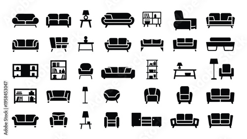 Collection of various black furniture icons including sofas chairs tables and lamps on white background for design and decoration