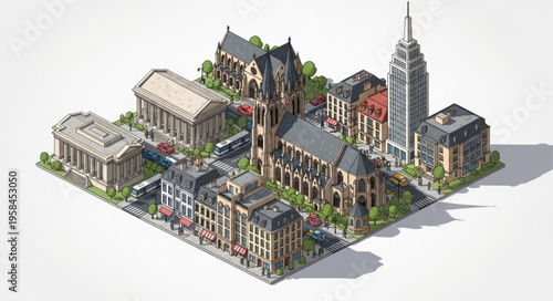 Isometric Minecraft Cityscape - Detailed Architectural Renderings and Urban Design.