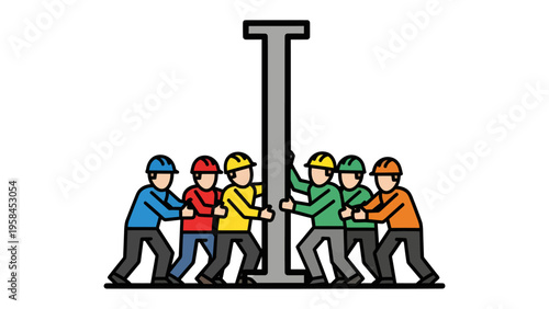 Construction Crew Collaborative Lift: A team of construction workers work in harmony to elevate a structural component, emphasizing teamwork, cooperation, and engineering skill. 
