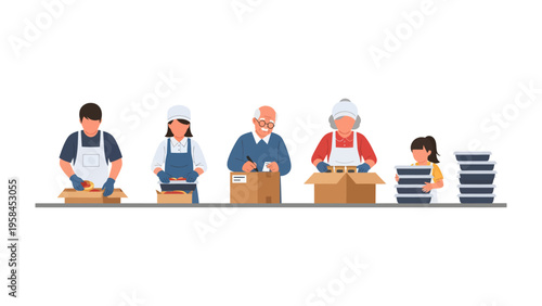 Food packing on Conveyor Belt: Illustration showing a diverse group packaging fresh food items.