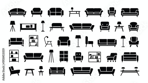 Collection of modern furniture icons including sofas chairs tables lamps and shelves in black silhouette on white background for interior design and decoration concepts