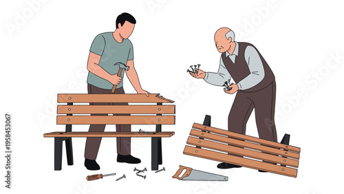 Crafting Bonds: A heartwarming scene unfolds as a younger man and an elder work together, building or repairing a bench in an act of intergenerational collaboration.