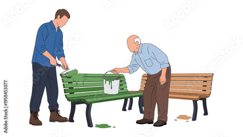 Painting Together: A young man and an elderly person collaborate on painting a park bench, the bond of community shining through their actions.