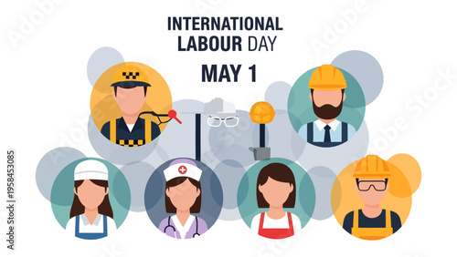 International Labour Day Celebration: Illustration of diverse essential workers, celebrating labor day on may 1st, commemorating their dedication and contributions to society.