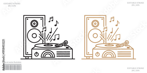 Vintage Record Player Icon Set Vector Illustration Line Art