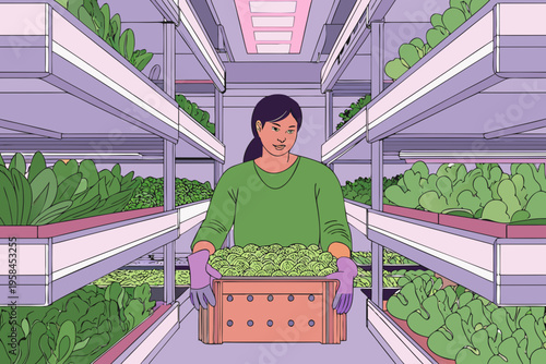Woman tending to lush green lettuce in a futuristic indoor farm
