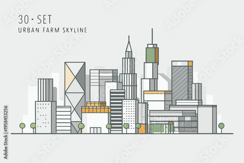 Minimalist illustration depicting a stylized urban skyline with geometric buildings
