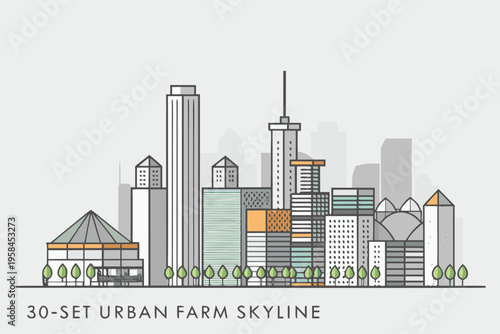 Minimalist cityscape illustration with geometric buildings and sparse trees