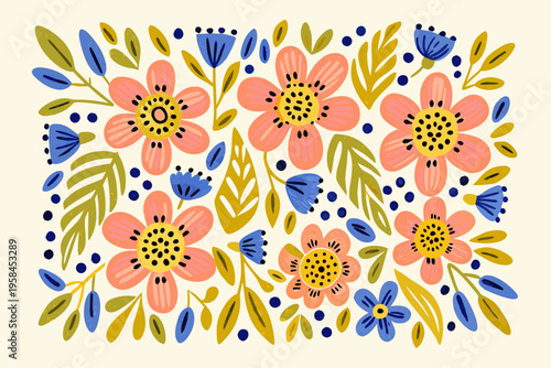 A colorful floral arrangement with stylized blossoms and delicate foliage