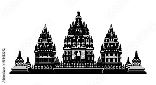 Detailed Silhouette of Prambanan Temple Complex in Central Java, Indonesia.