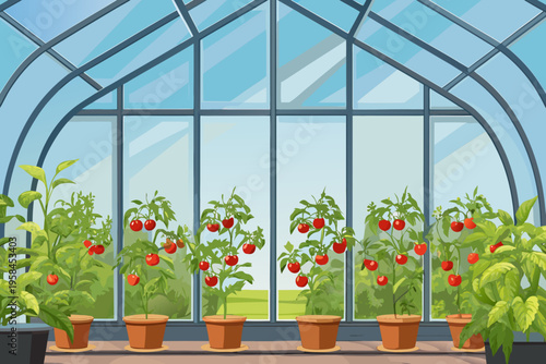 A vibrant greenhouse scene featuring rows of thriving tomato plants