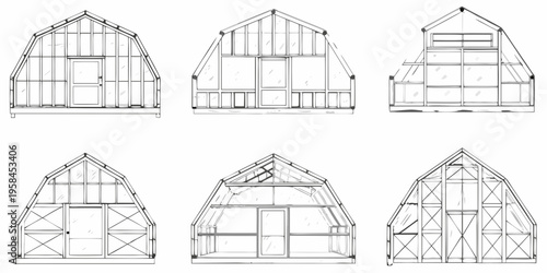 Architectural drawings of gable roof greenhouses in multiple perspectives