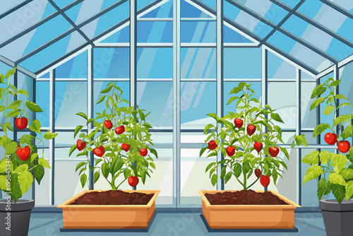 A bright greenhouse interior showcases thriving tomato plants in planters