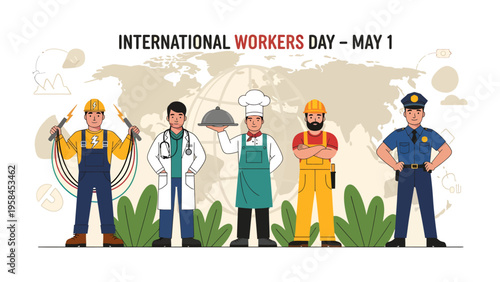 International Workers Day Illustration: An illustration featuring a diverse group of essential workers, symbolizing the global celebration of labor and its contribution to society.
