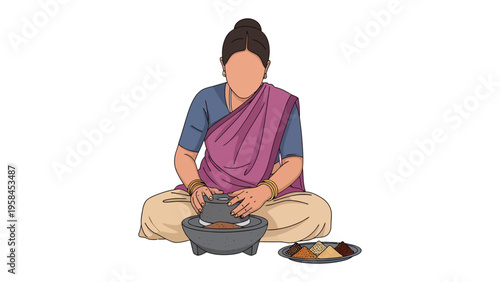 Traditional spice preparation: A woman delicately grinds spices with a traditional stone grinder, embodying cultural heritage and culinary expertise. 