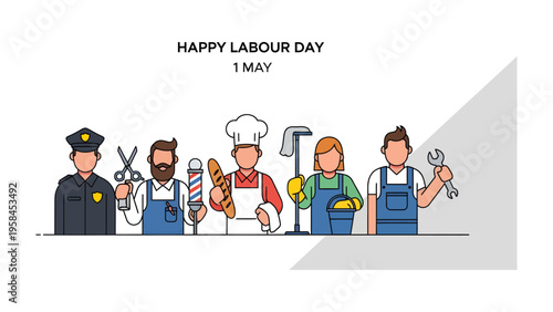 Happy Labour Day Celebration: A vibrant and inclusive illustration celebrating Labour Day, showcasing a diverse group of individuals from different professions.