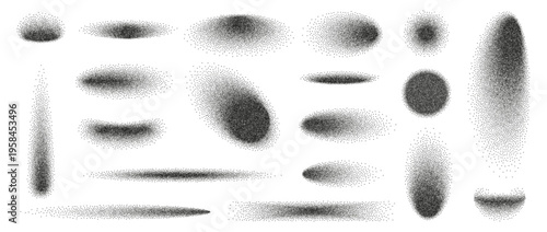 Grain dot shadow with noise effect on white background. Abstract grunge oval and gradient circle shade with black shape element and stipple fade dust. Sand spray effect, vector illustration.