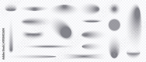 Circle and oval shadow set isolated on transparent background. Realistic shadow with overlay effect, drop round box vector and shade oval ball. Background floor with abstract blur set object.