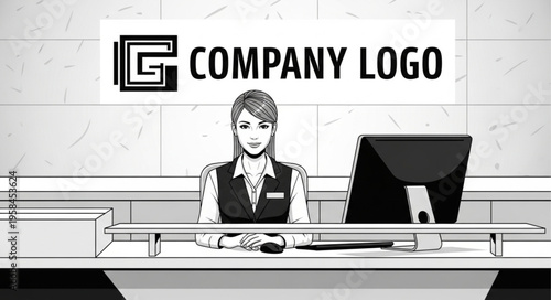 Receptionist at a modern office reception desk with company logo.