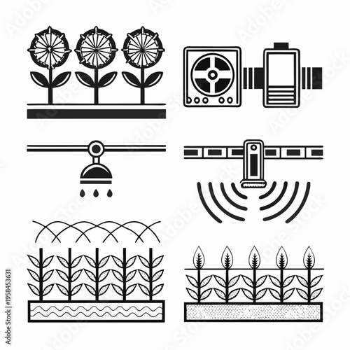 Agricultural technology icons depicting smart farming and plant growth solutions