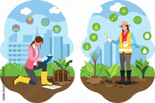 Environmental researchers collecting data in urban and natural landscapes