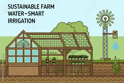 Sustainable farm illustration showcasing water smart irrigation techniques and greenhouse