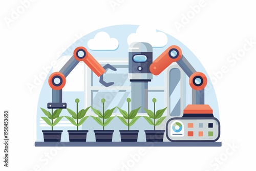 Robotic arms tending to plants in a futuristic automated greenhouse