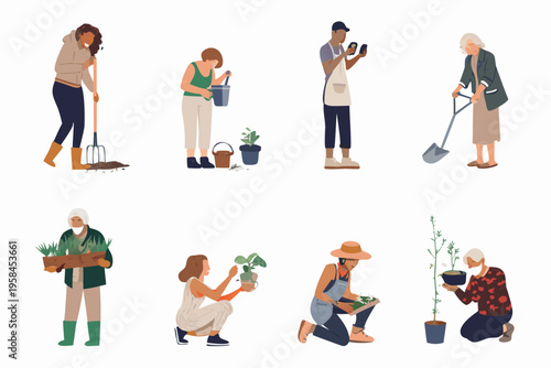 People gardening a diverse group enjoying outdoor plant care activities