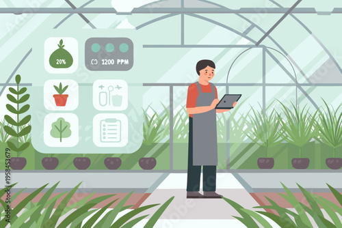 A person monitors plant health data inside a modern greenhouse environment
