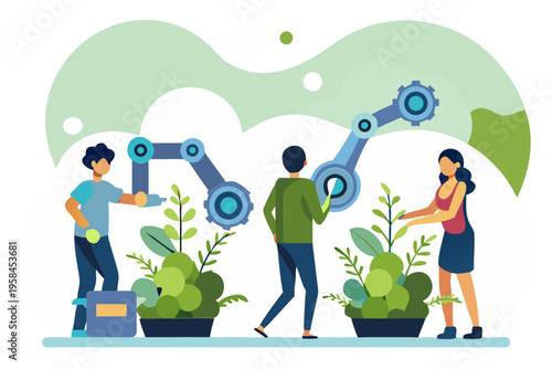 People interacting with robotic arms amidst lush greenery and abstract shapes