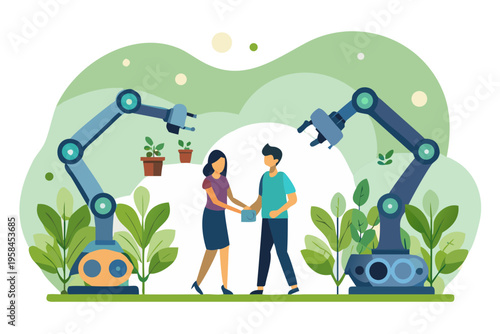 Human interaction with robotic arms in a futuristic green landscape