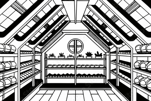 An illustrative interior view of a cellar filled with wine bottles