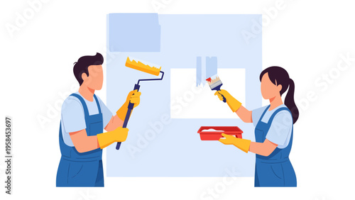 Home Painters: A pair of painters, each armed with their tools, diligently work together to coat a wall with fresh paint, showcasing home improvement