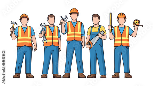 Construction Crew: A team of skilled construction workers, each holding a different tool of their trade, stand ready to tackle the day's projects. The image evokes a sense of teamwork and expertise.