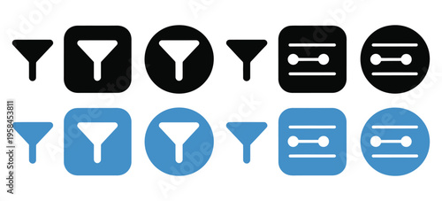 Filter icon set, funnel and slider glyphs in solid and outline styles with rounded and circular app buttons, modern interface controls collection, minimal vector icons for web and mobile design.