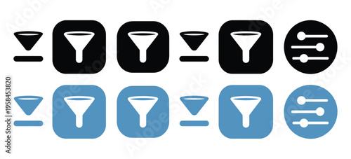 Filter icon set, funnel and slider UI glyphs with solid and outline styles, rounded and circular app button elements, user interface controls collection, clean modern vector illustration for 
