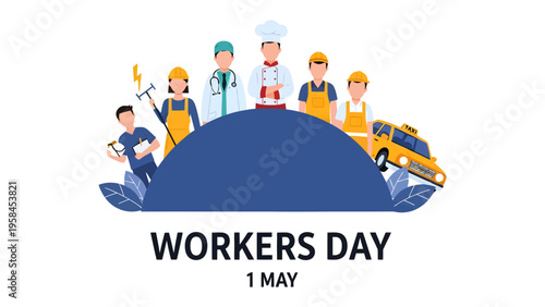 Celebrating Labor Day: An illustrative tribute to the everyday heroes of society, including a chef, doctor, electrician, and a taxi driver, all working hard. 