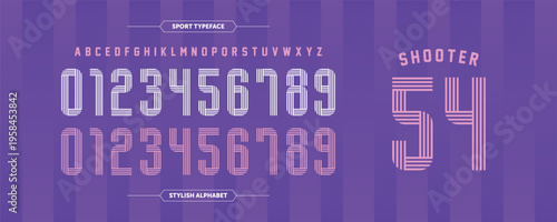 Shooter 54: Stylish sport typeface with striped line details and a modern athletic look. Includes complete alphabet and numbers, ideal for jerseys, team identity, and bold display typography. Vector i