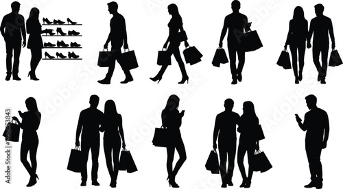 Set of black silhouettes featuring people shopping, carrying bags, walking in mall, using phones, and browsing shoes on retail shelves.