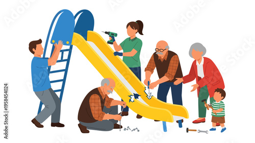 Community Play Area: A multigenerational group collaboratively assembles a playground slide, symbolizing unity, collaboration, and the shared commitment to create a vibrant recreational space.