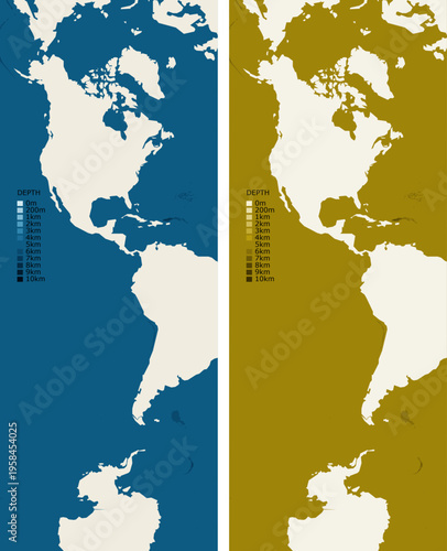 Americas Strip Bathymetric Ocean Depth Map - Transverse Mercator Projection - Scalable Multi-Color Seafloor Relief Topography with Depth Legend Showing Continental Shelves Mid-Ocean Ridges and